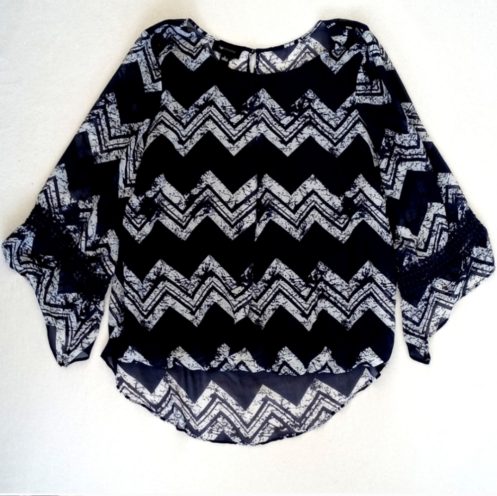 AB Studio Women’s Navy White Abstract Print Cut Out 3/4 Sleeve High Low Blouse L
